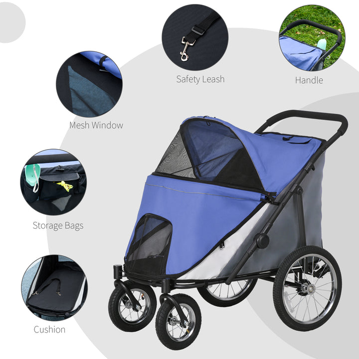 Foldable Pet Stroller, with Washable Cushion, Storage Bags, Safety Leash, for Medium, Large Dogs, Cats - Blue