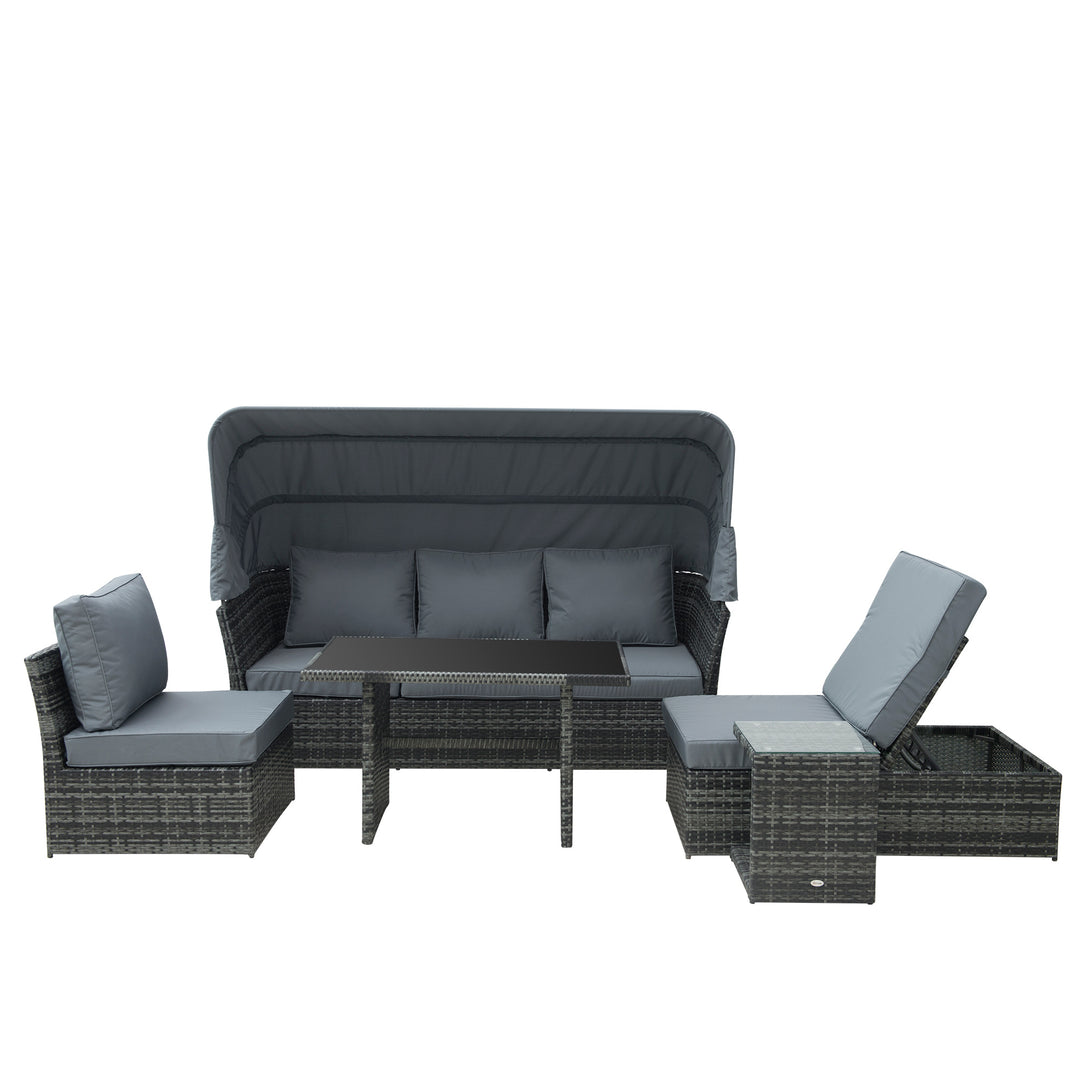 5 PCS Outdoor Rattan Wicker Sofa Sets Reclining Sofa Adjustable Canopy & Side Table Dining Table Set Sectional Conversation Furniture w/ Cushions, Mixed Grey