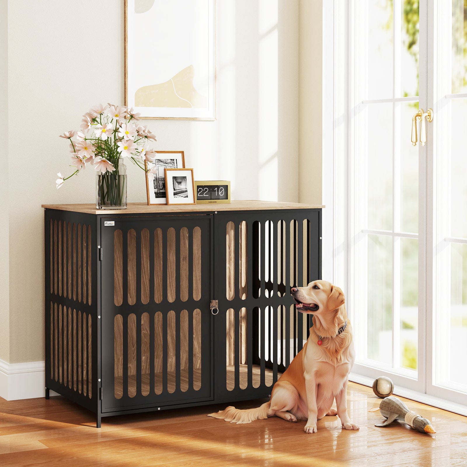 Dog Crate Furniture with Anti-Chew Resistant Mesh, Anti-Escape Single Door, for Large Dogs, 100 x 60 x 81.5 cm