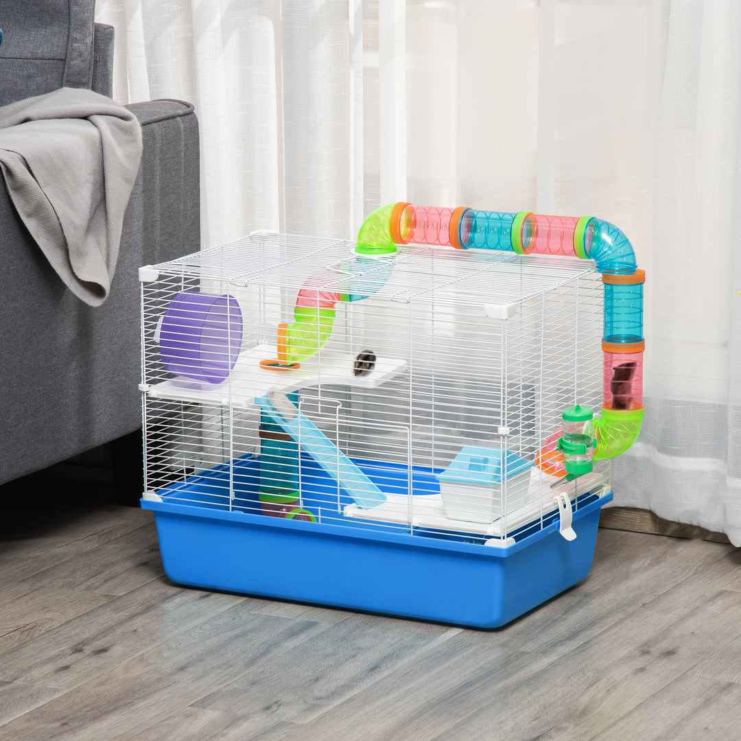 MCL Hamster Cage, Gerbil Cage 3 Tier for Dwarf Hamster with Tube, Exercise Wheel, Water Bottle, Food Dish 59 x 36 x 47 cm- Blue