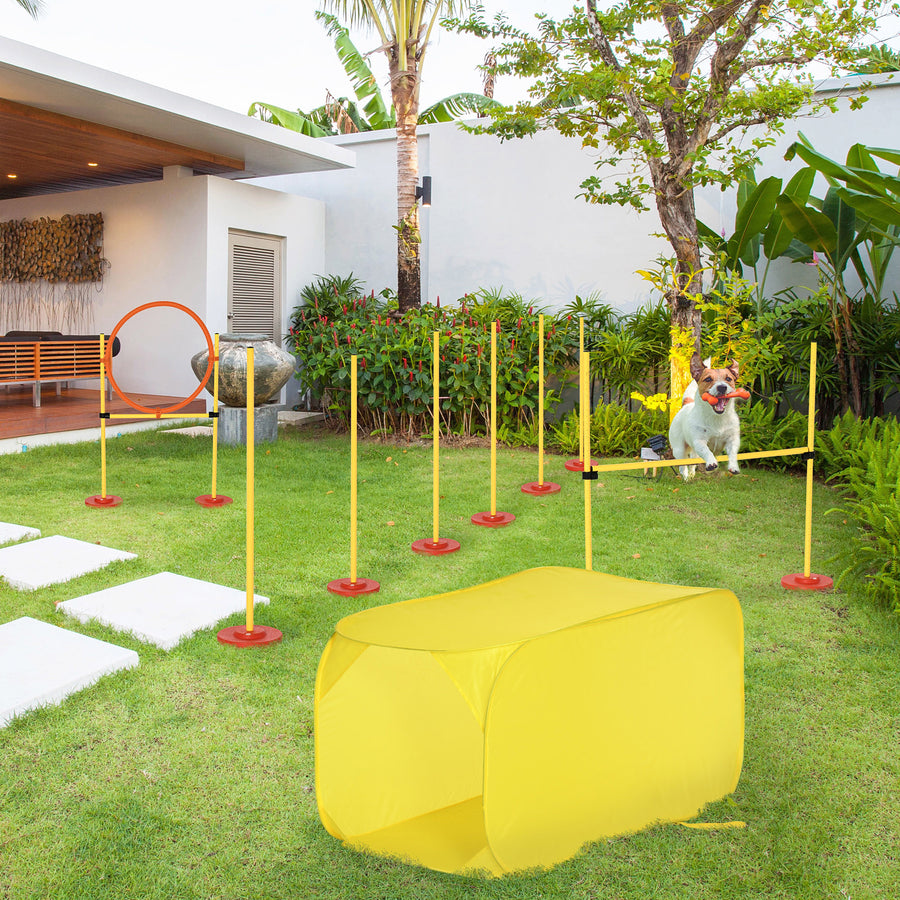 Dog Agility Equipment Portable Pet Training Obstacle Set for Dogs 5 Pieces w/ Adjustable High Jumping Pole, Jumping Ring, Weave Poles, Tunnel
