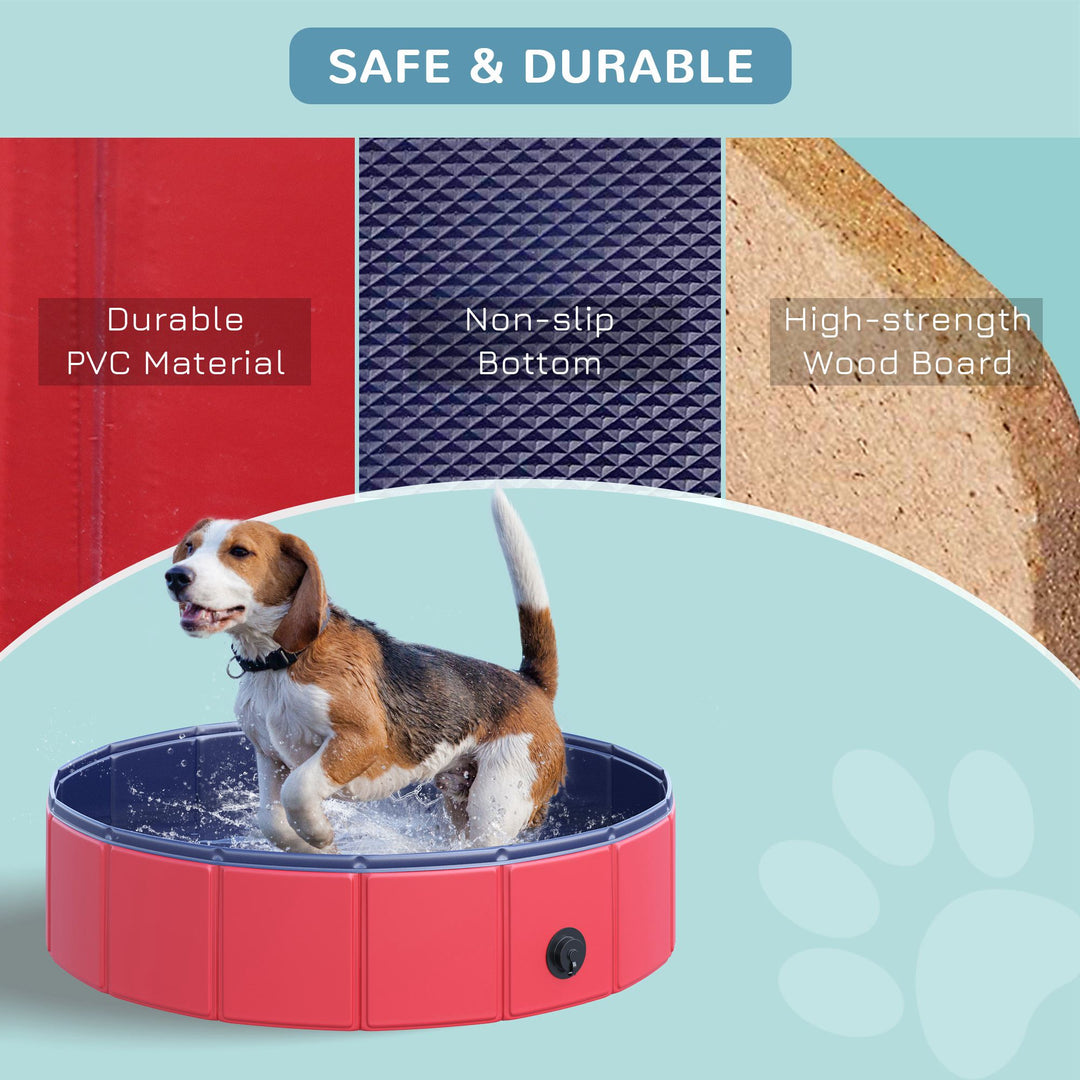 Foldable Dog Pool, 80 x 20 cm Pet Paddling Pool with Wood Board Support and Anti-Slip Bottom, Portable Doggy Paddling Pool for Garden and Outdoor Use, Red