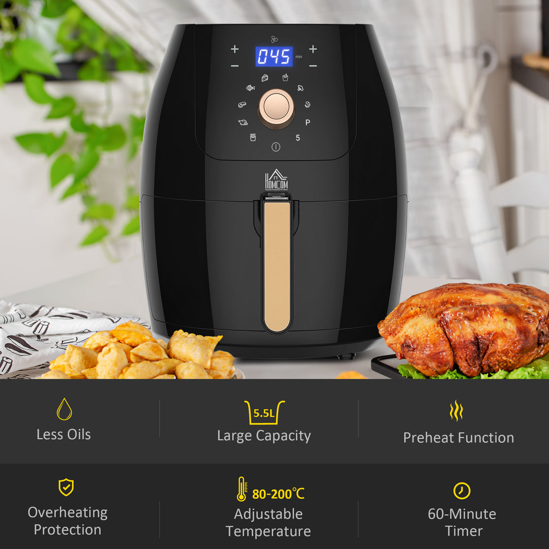 HOMCOM Air Fryer Deluxe: Digital 1700W 5.5L Rapid Air Circulation, Adjustable Temp, 60 Min Timer, Oil-Free Cooking, Black | Aosom UK