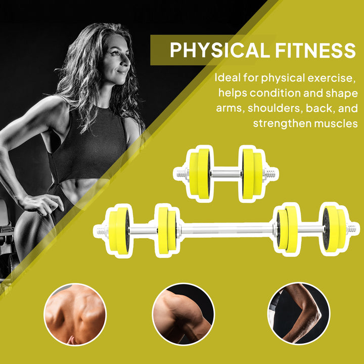 20KGS 2-In-1 Dumbbell & Barbell Adjustable Set Strength Muscle Exercise Fitness Plate Bar Clamp Rod Home Gym Sports Area, Yellow