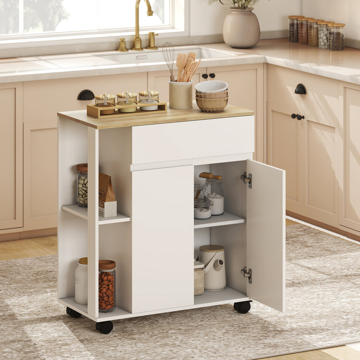 Kitchen Storage Trolley Cart with Cabinet, Drawer and Open Shelves - view 2
