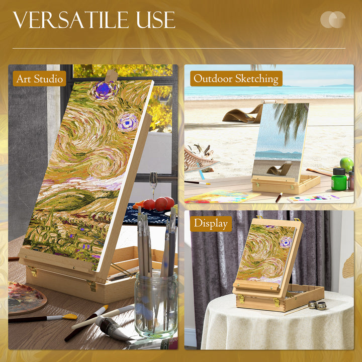 Wooden Table Easel Box Hold Canvas up to 61cm, Adjustable Beechwood Storage Table Box Easel, Portable Folding Artist Drawing & Sketching Board for Adults, Beginners, Artists Painting