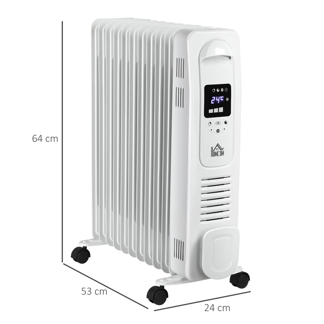 2500W Digital Display Oil Filled Radiator, 11 Fin Portable Electric Heater with Timer, Adjustable Thermostat, Three Heat Settings, Safety Cut Off, Remote, White