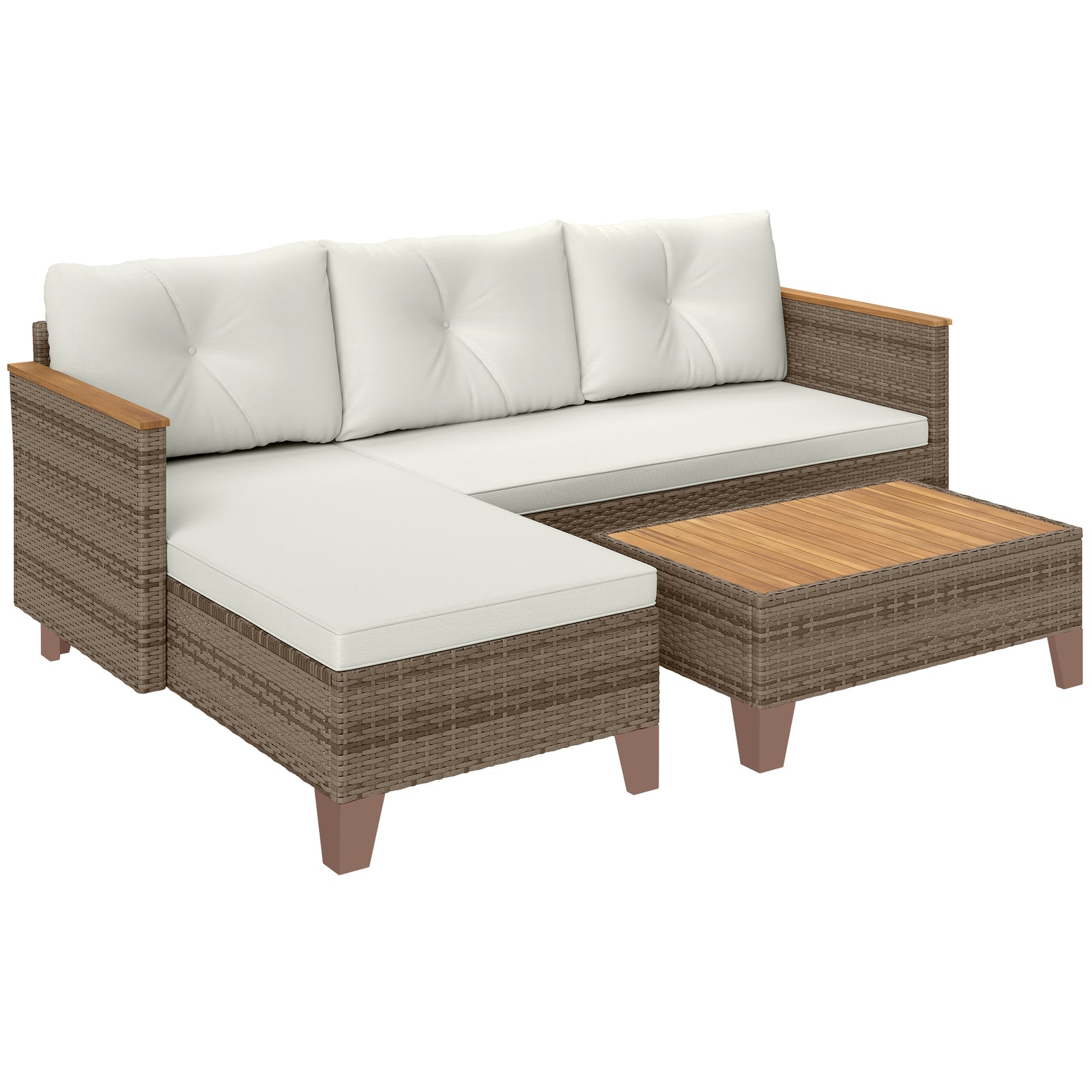 3 Pieces Rattan Garden Furniture Set, L Shaped Garden Conversation Chaise Lounge Furniture with Wood Top Coffee Table and Thick Cushions, Cream