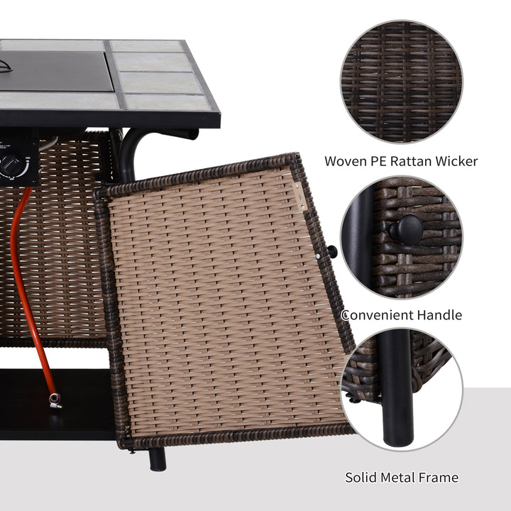 Outsunny Square Outdoor PE Rattan Fire Pit Table Gas Burner Heater w/ Control Panel, Slate Top, Lid and Lava Rocks, 50,000 BTU