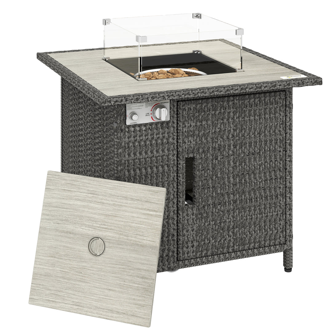 14.5 KW Rattan Gas Fire Pit Dining Table with Rain Cover, Wind Guard, 