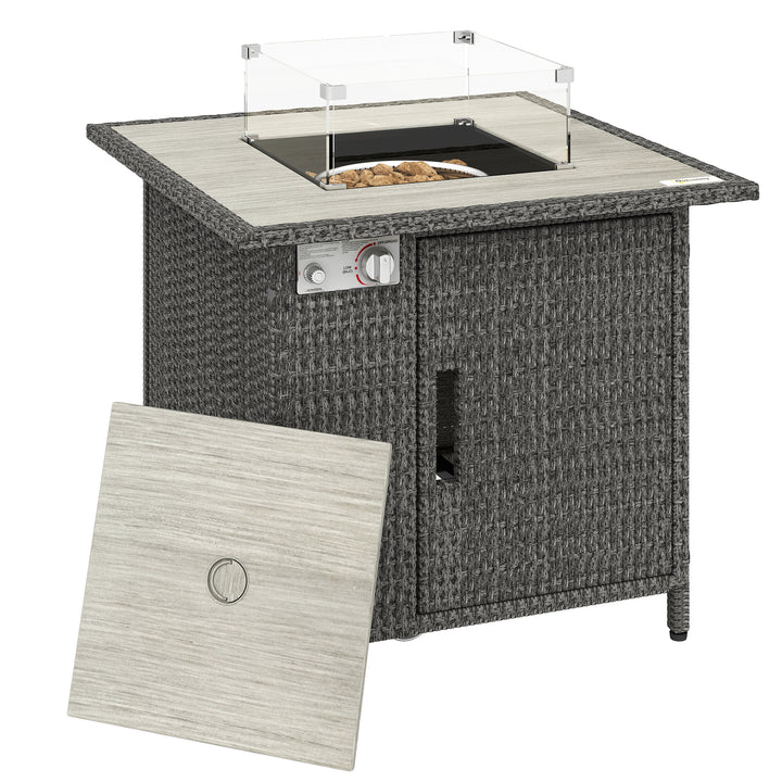 14.5 KW Rattan Gas Fire Pit Dining Table with Rain Cover, Wind Guard, 