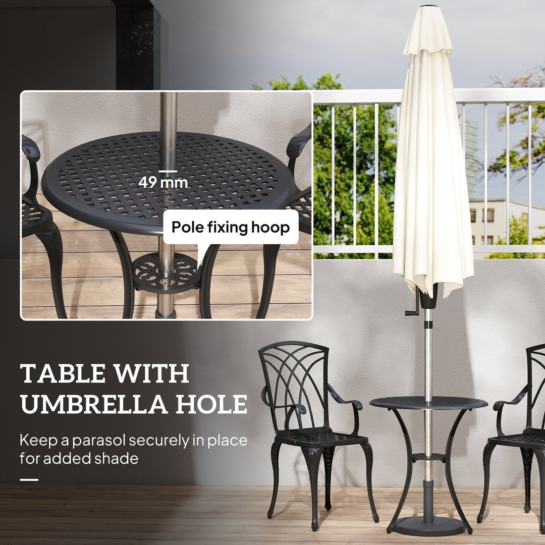 3 Pieces Garden Dining Set for 2, Cast Aluminium Outdoor Dining Set with 2 Armchairs and Round Dining Table with Parasol Hole, Garden Furniture Set, Brown