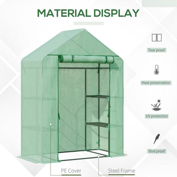 MCL Walk In Greenhouse with Shelves, Portable Gardening Plant Grow House for Outdoor with 2 Tier Shelf, Roll-Up Zippered Door, PE Cover, 141 x 72 x 191cm, Green
