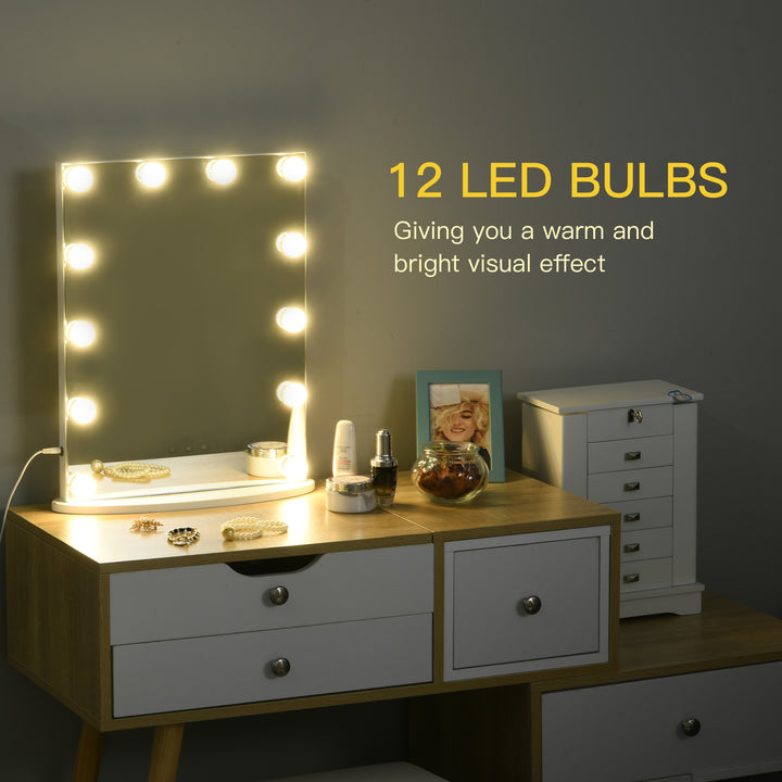 HOMCOM Hollywood Vanity Mirror, Lighted Makeup Dressing Table Mirror, 12 Dimmable LED Bulbs, USB Power Supply, White.