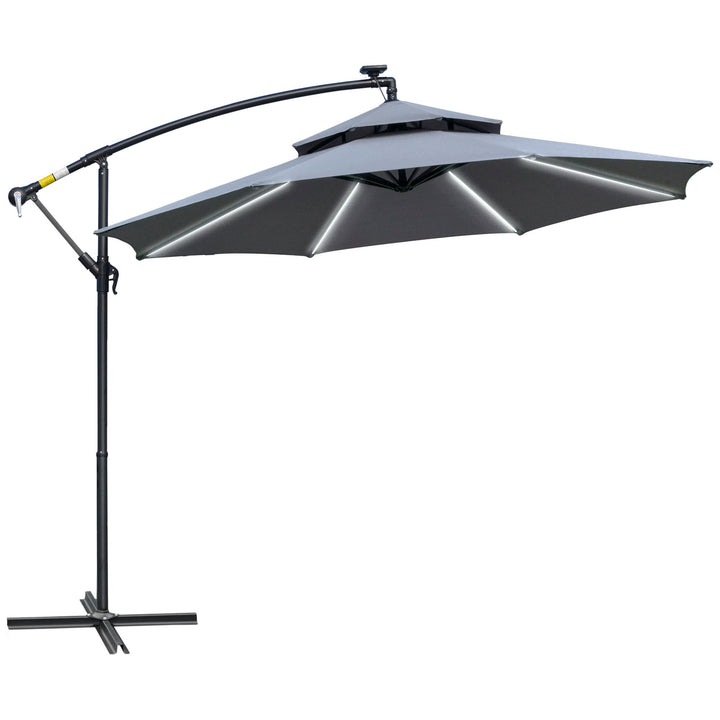 Outsunny 3(m) Cantilever Banana Parasol Hanging Umbrella with Double Roof, LED Solar lights, Crank, 8 Sturdy Ribs and Cross Base for Outdoor, Garden