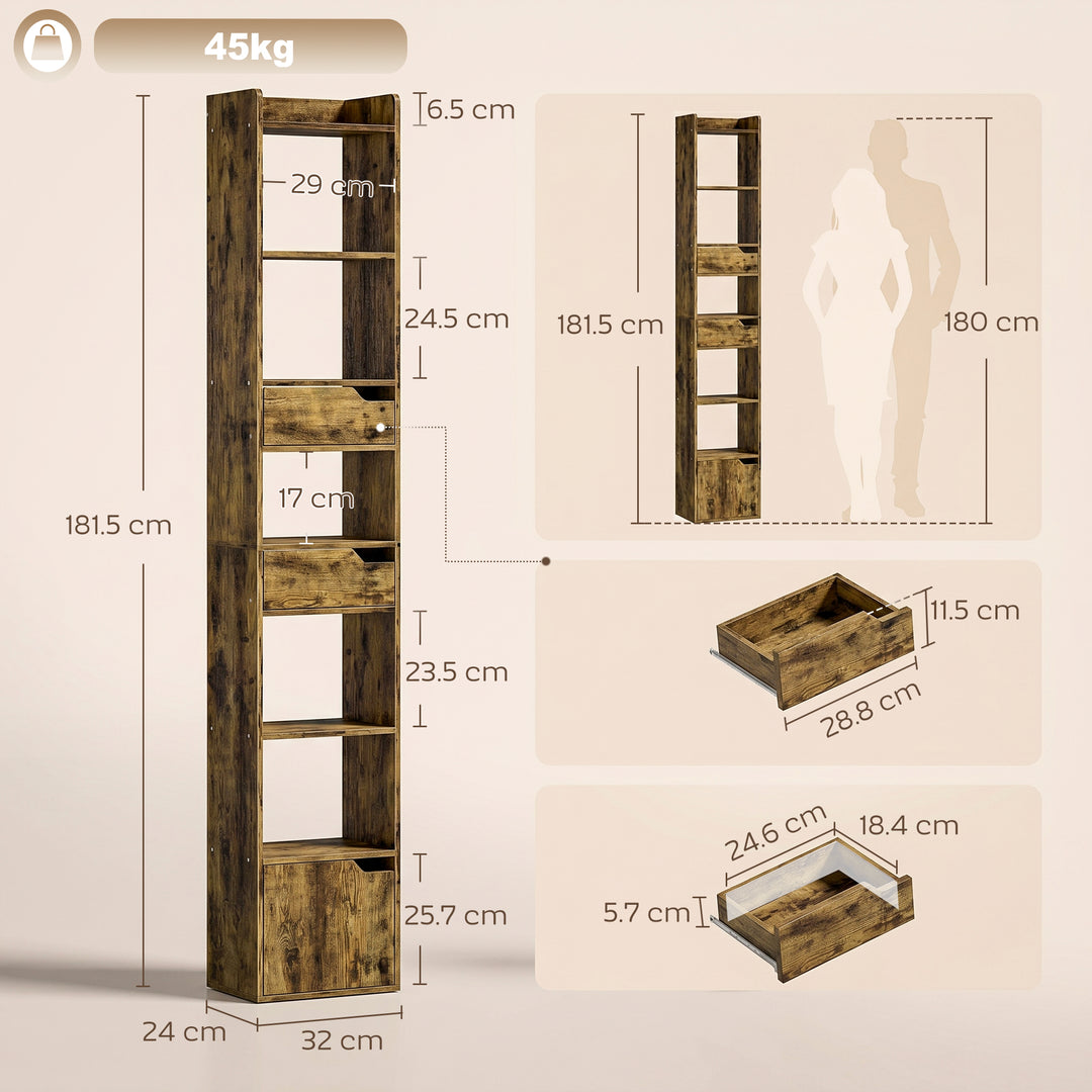 Bookcase Tall Narrow with 5 Tiers and Drawers Freestanding Bookshelf S