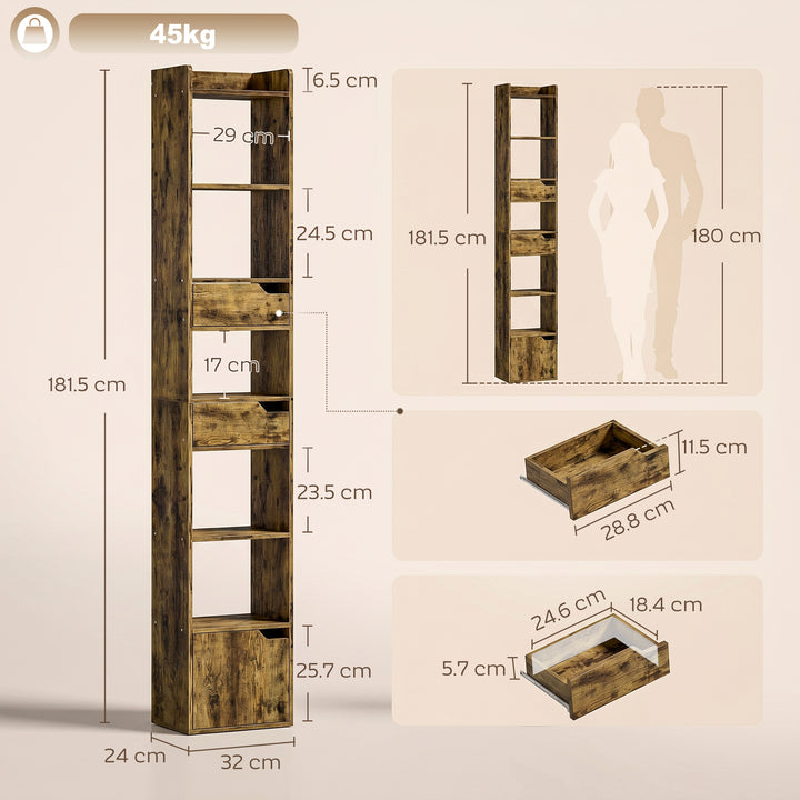 Bookcase Tall Narrow with 5 Tiers and Drawers Freestanding Bookshelf S