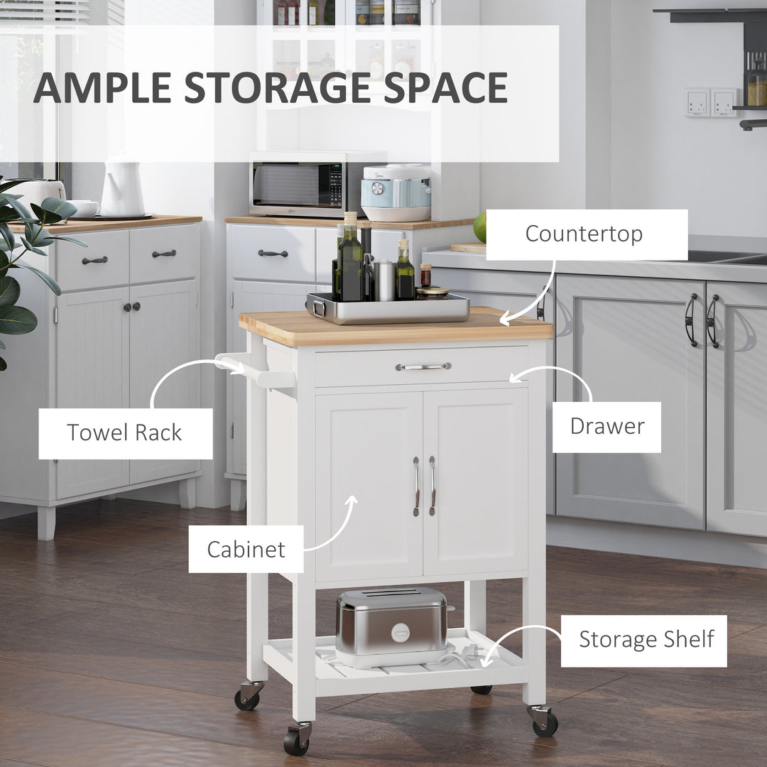 Kitchen Storage Trolley Cart Rolling Wheels Shelves Cupboard W/ Drawer And Towel Rail Rubber Wood Worktop White