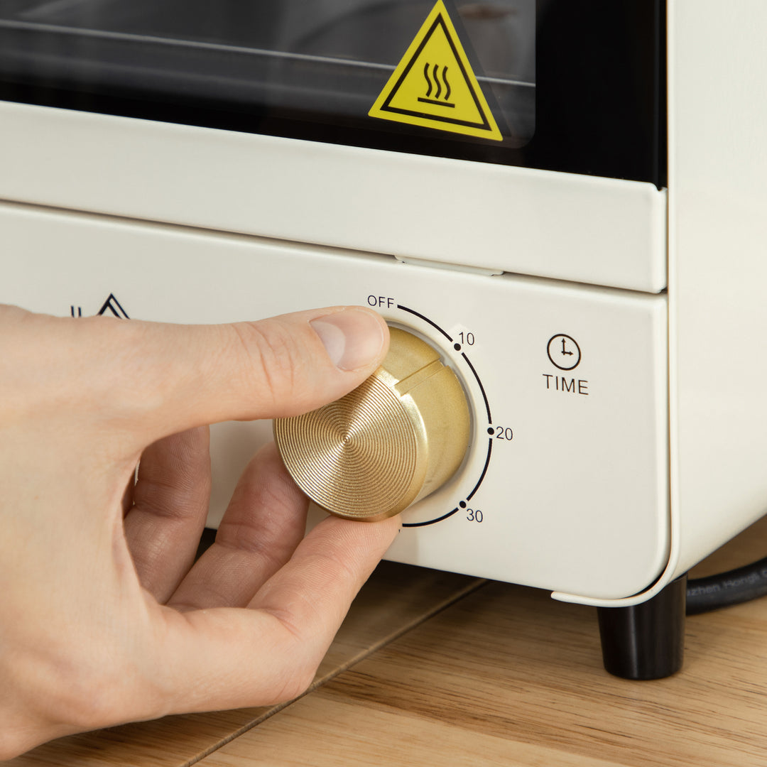 Mini Oven, 15 Litres Electric Oven and Grill with 60-230℃ Adjustable Temperature, 60 Minute Timer, Include Baking Tray, Wire Rack and Crumb Tray, 1000W, Cream White