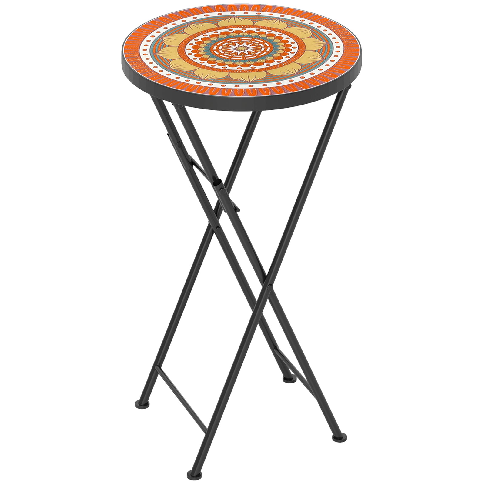 Mosaic Outdoor Garden Table, 35.5cm Round Folding Coffee Table with Metal Frame for Balcony Terrace, Orange