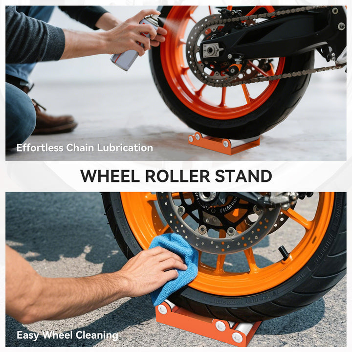 Motorcycle Wheel Cleaning Roller Stand with Steel Frame, Aluminium Rollers, Motorcycle Maintenance Stand for Tyre Cleaning and Chain Lubrication, Fit Tyre Width < 180mm, Bikes < 485lb, Orange