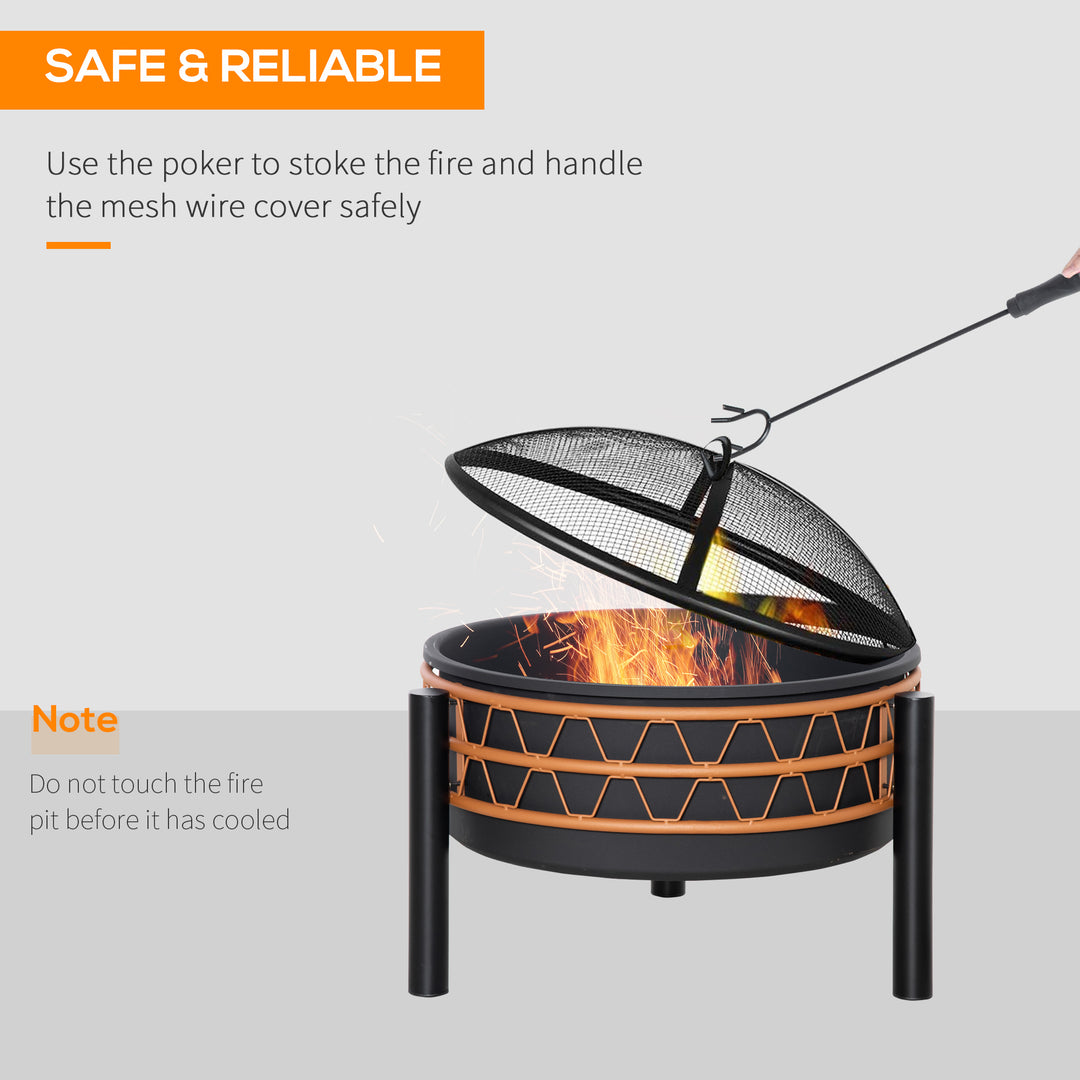 Outsunny Outdoor Fire Pit, Metal Round Firepit Bowl, Charcoal Log Wood Burner with Screen Cover, Poker for Patio, BBQ, Camping, 64 x 64 x 58cm, Black