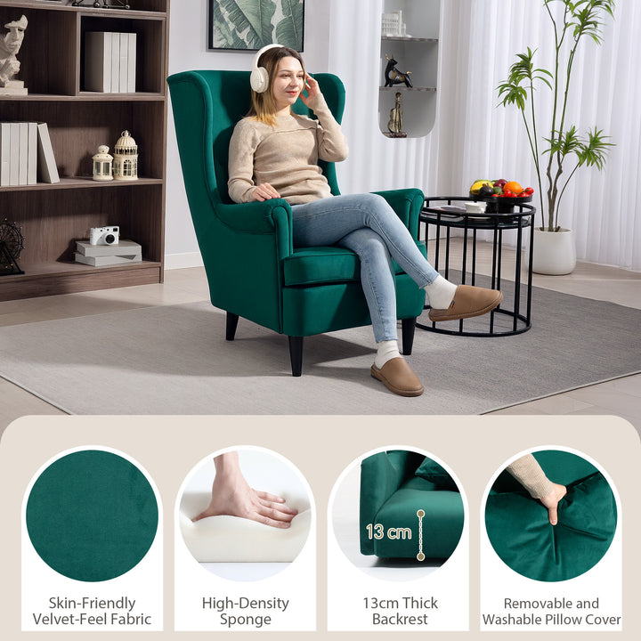 Modern Accent Chair, Upholstered Wingback Armchair with High Backrest and Pillow, Velvet-Feel Fabric Reading Chair with Solid Wood Legs for Living Room, Bedroom, Home Office, Dark Green