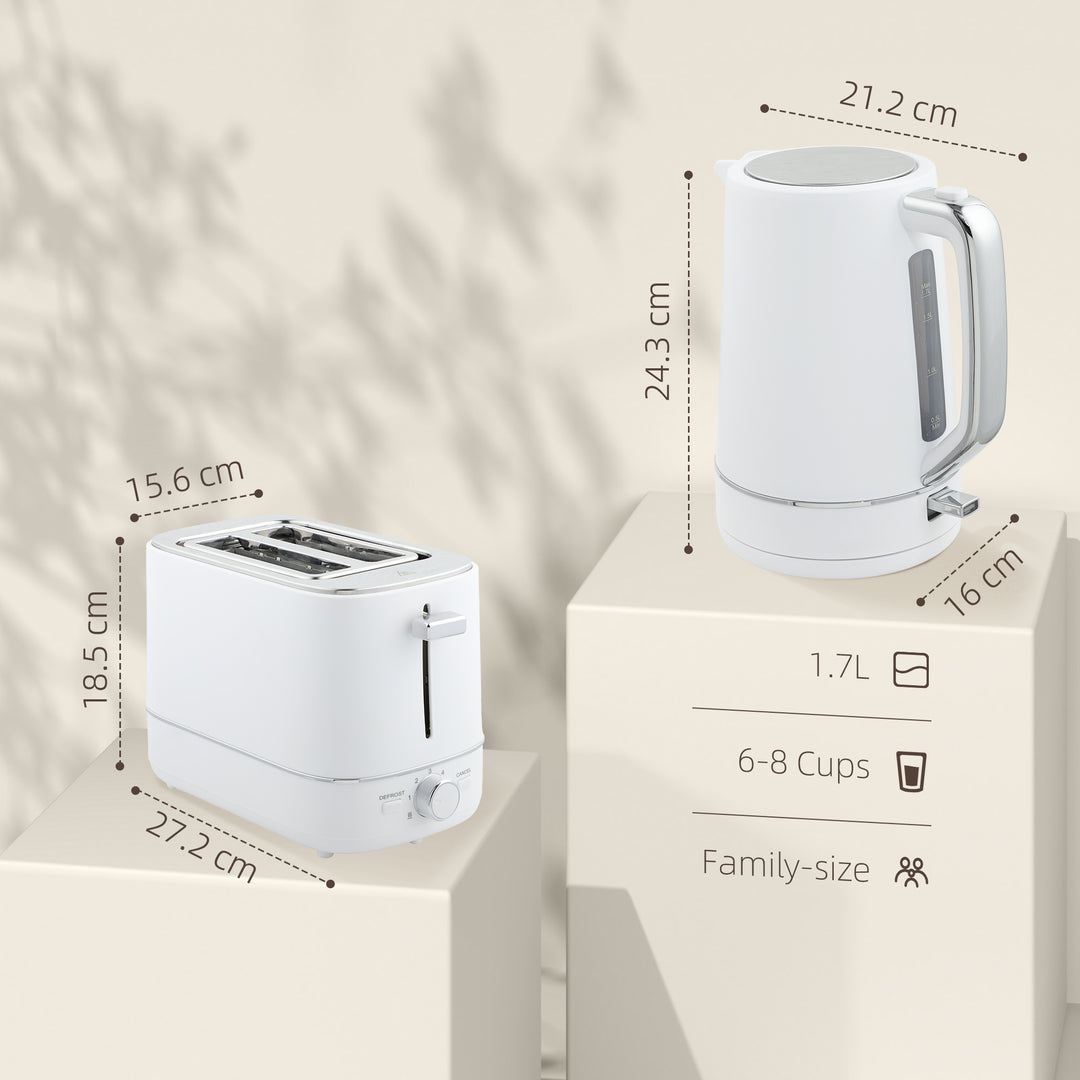 Kettle and Toaster Set, 1.7L 3000W Fast Boil Kettle & 2 Slice Toaster Kitchen Set with 6 Level Browning Controls, Defrost, Reheat, White