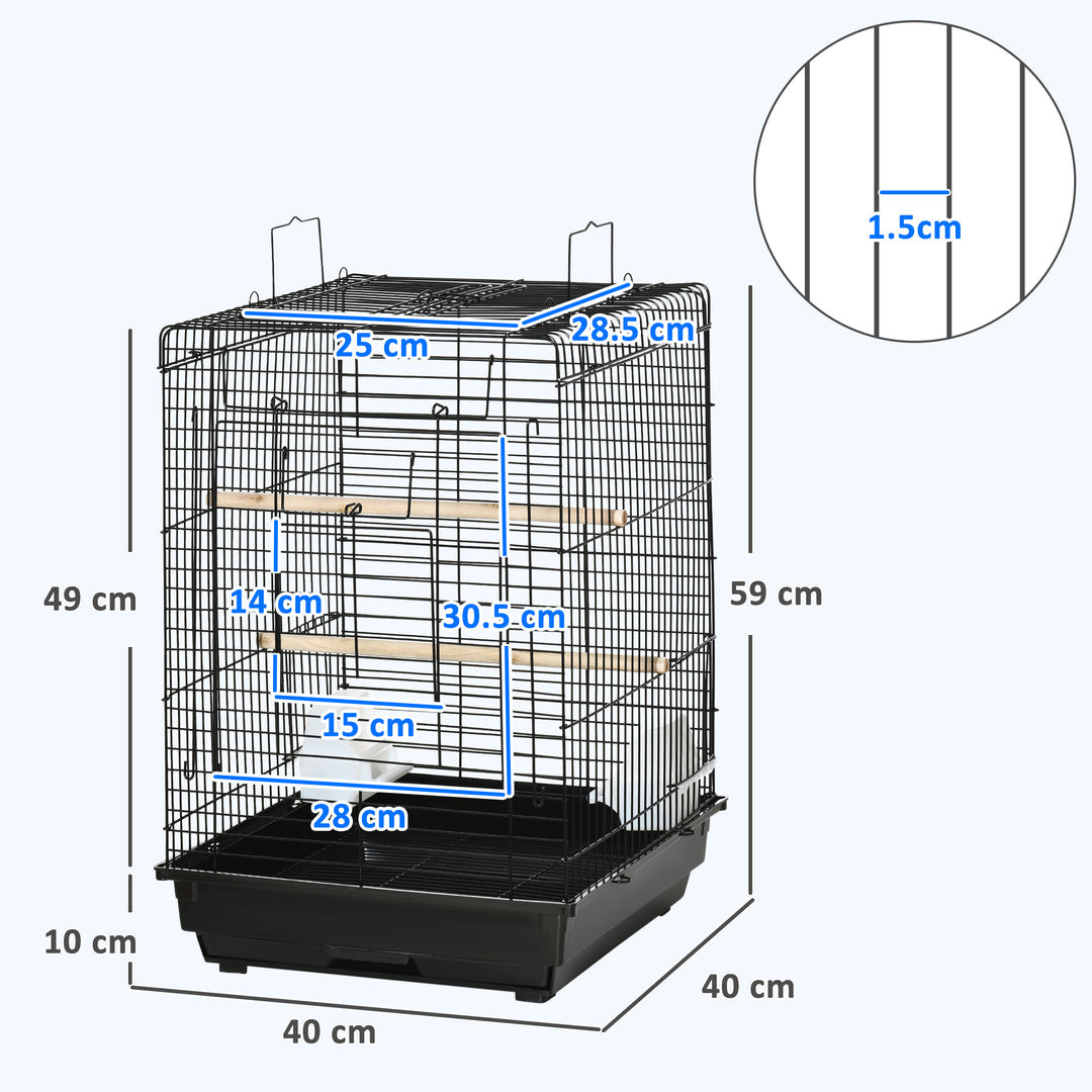 Steel Bird Cage with Openable Top, Stand, Tray, Handles, Feeding Bowls for Parakeet, Finch - Black