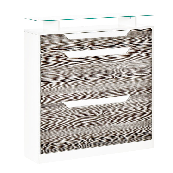 Shoe Storage Cabinet with Slide Out Drawer, 2 Flip Doors, Tempered Glass Top - Grey