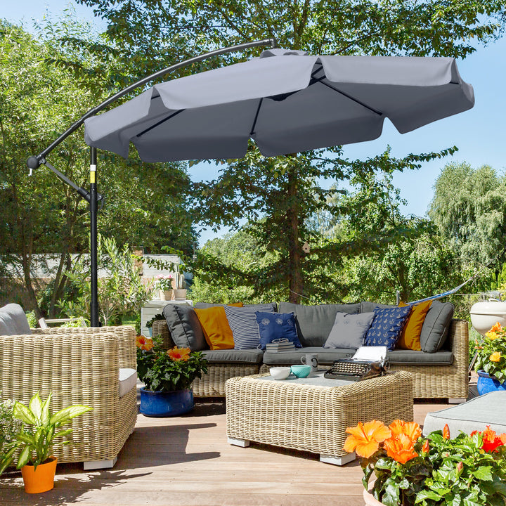 MCL 2.7m Garden Banana Parasol Cantilever Umbrella with Crank Handle and Cross Base for Outdoor, Hanging Sun Shade, Dark Grey