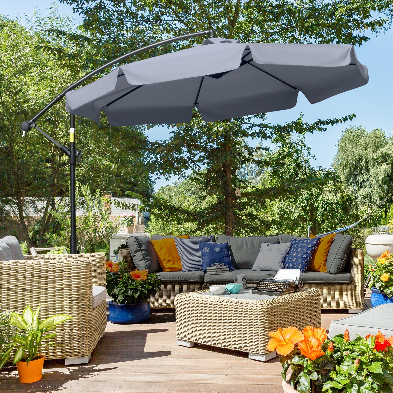2.7m Garden Banana Parasol Cantilever Umbrella with Crank Handle and Cross Base for Outdoor, Hanging Sun Shade, Dark Grey