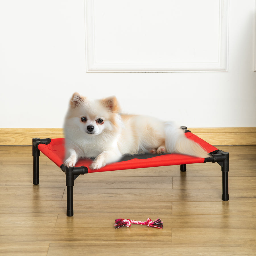 Raised Dog Bed Cat Elevated Lifted Portable Camping w/ Metal Frame Black and Red (Small)