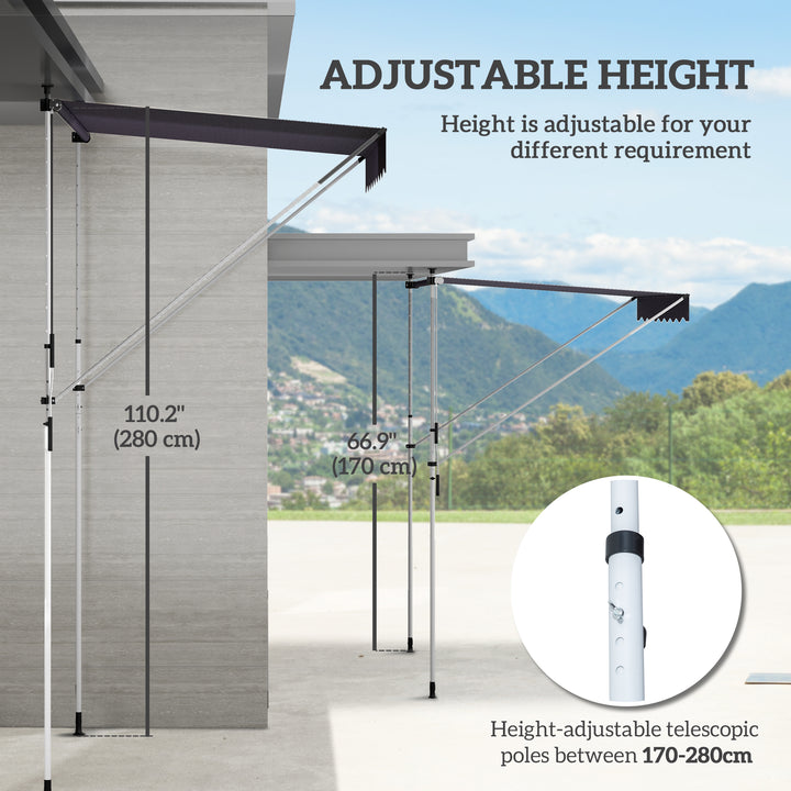 Balcony 2 x 1.5m Manual Adjustable Awning DIY Patio Clamp Awning Canopy Retractable Shade Shelter Easy to Move for Balcony, Grey