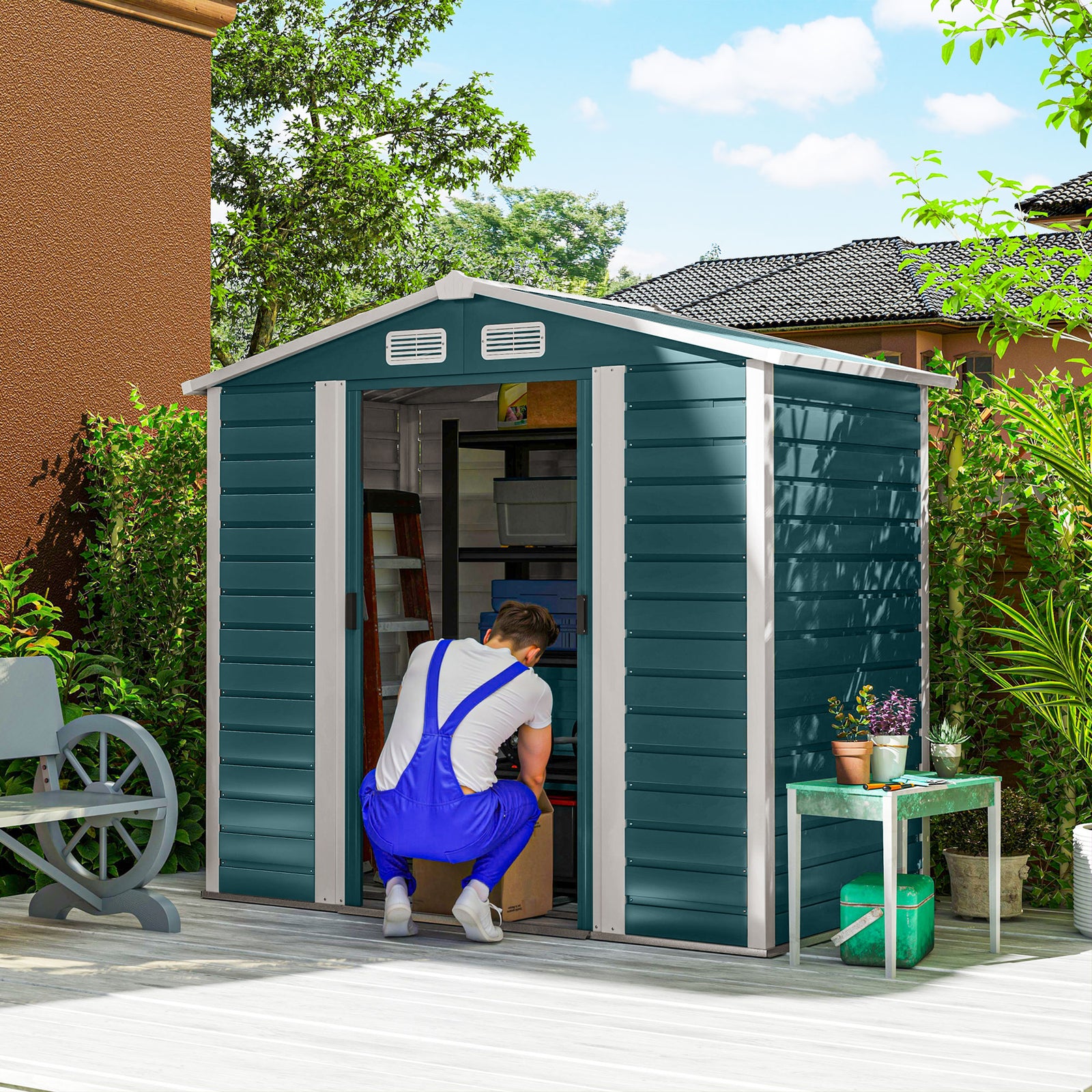 7 x 4ft Garden Shed, Easy to Assemble, Upgraded Galvanised Steel Frame with Foundation Kit, Double Doors with Lock, Outdoor Metal Shed with Vents and Gloves, Garden Storage Shed, Green