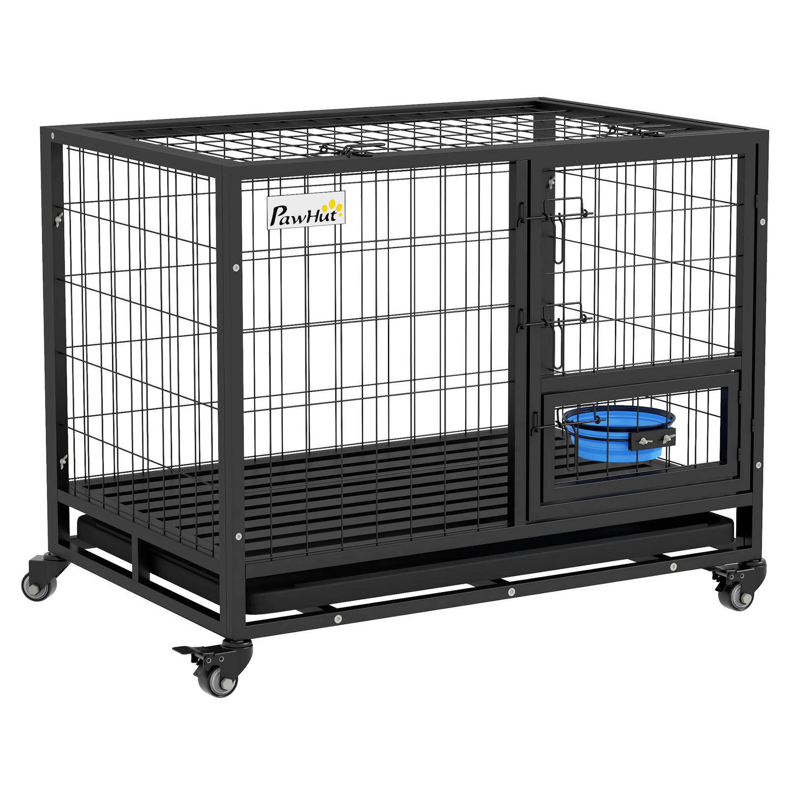Heavy Duty Dog Crate on Wheels w/ Bowl Holder, Removable Tray, Openable Top, Detachable Door, for M, L Dogs
