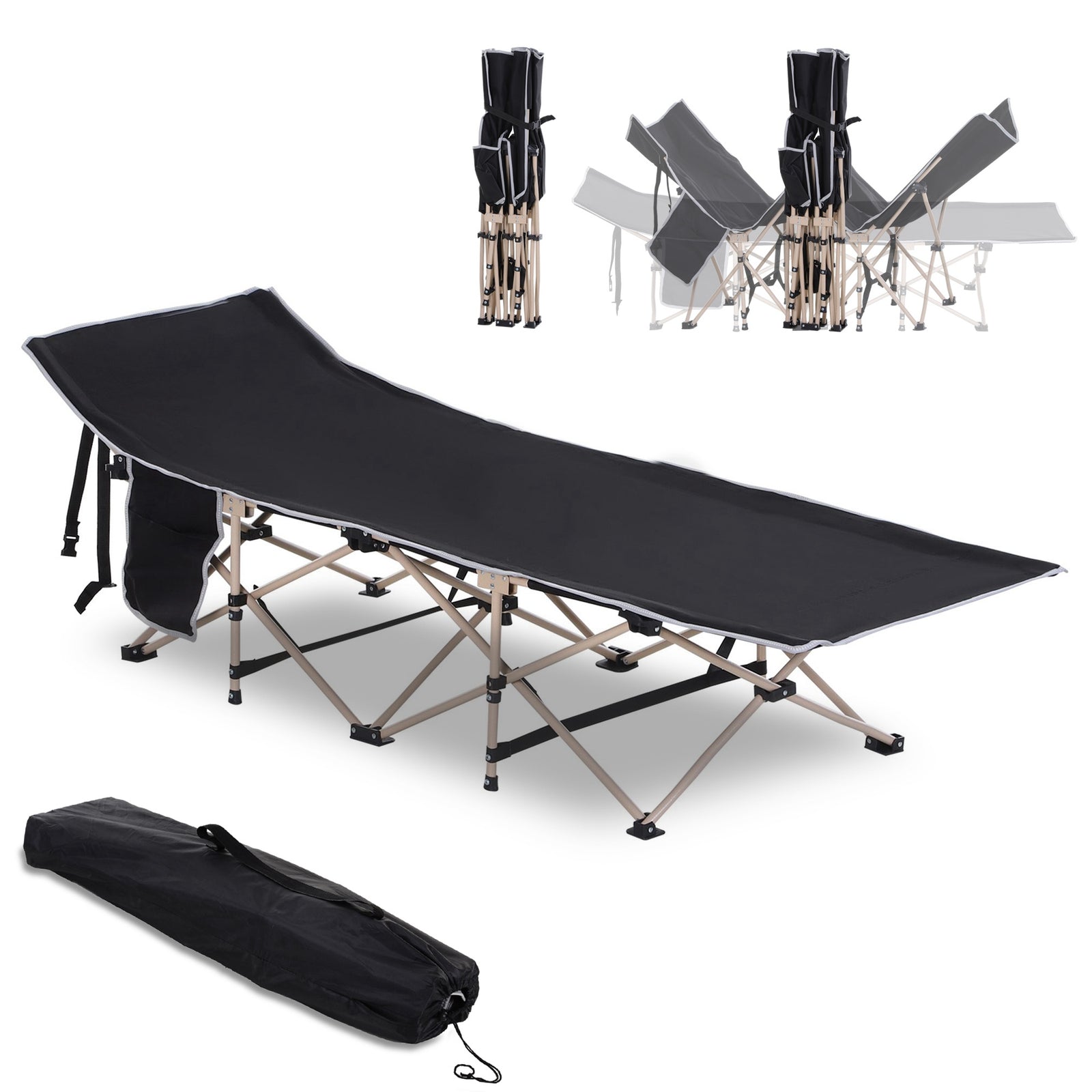 Single Person Camping Bed Folding Cot Outdoor Patio Portable Military Sleeping Bed Travel Guest Leisure Fishing with Side Pocket and Carry Bag - Black