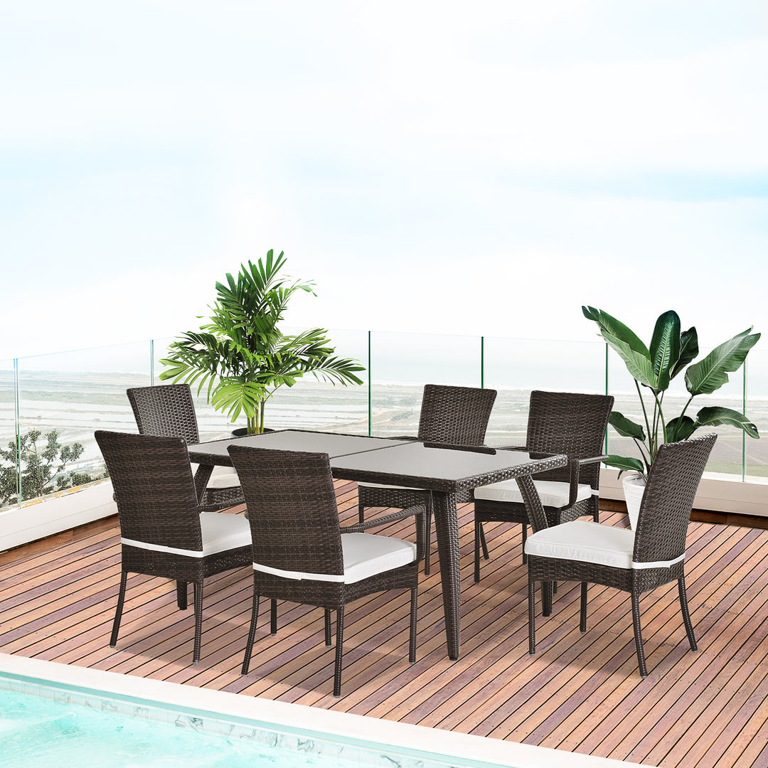 6 Seater Rattan Dining Set with Cushions, Rattan Garden Furniture Set, Outdoor Dining Table and Chairs with 6 Stackable Armchairs, Rectangular Glass Top Table for Patio, Balcony, Brown