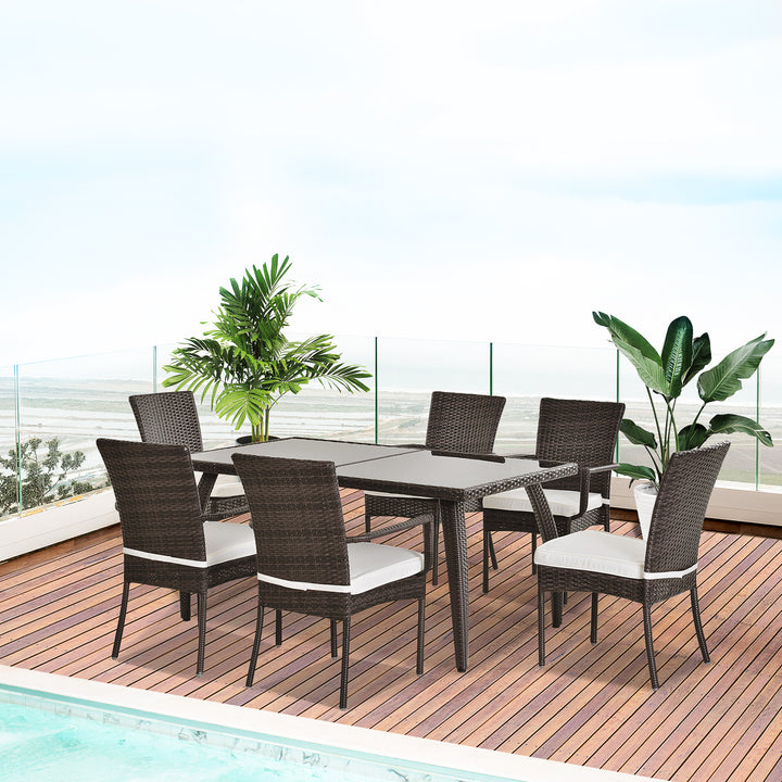 6 Seater Rattan Dining Set with Cushions, Rattan Garden Furniture Set, Outdoor Dining Table and Chairs with 6 Stackable Armchairs, Rectangular Glass Top Table for Patio, Balcony, Brown