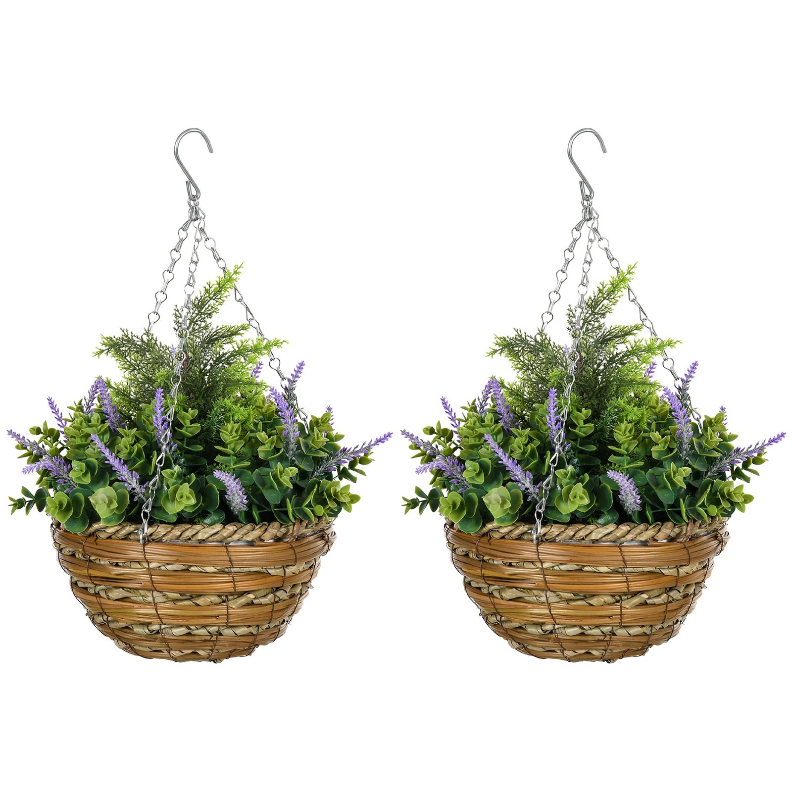 Set of Two Artificial Hanging Lavender Flower Pots - Purple