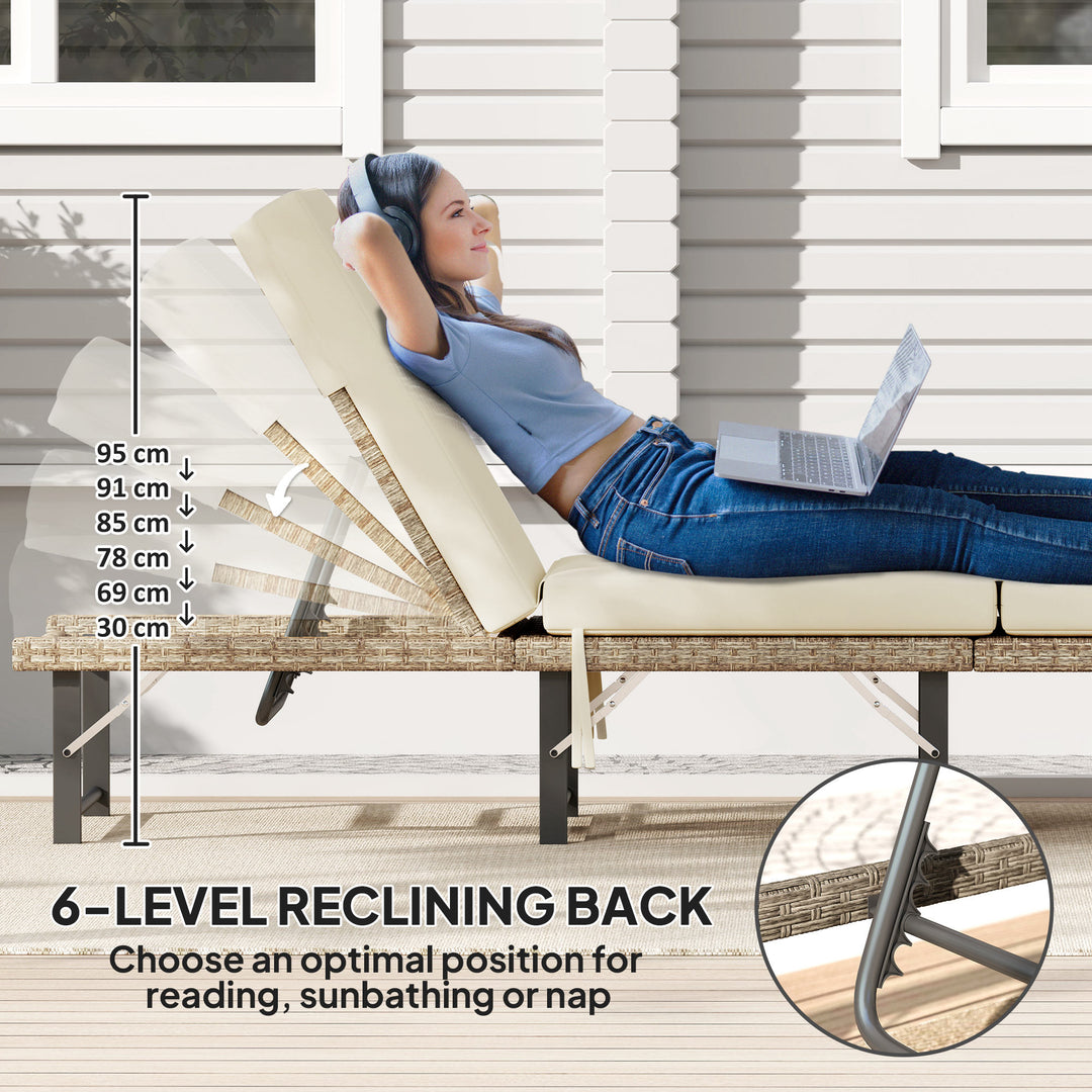 Single Folding Rattan Sun Lounger, with Cushion - Grey