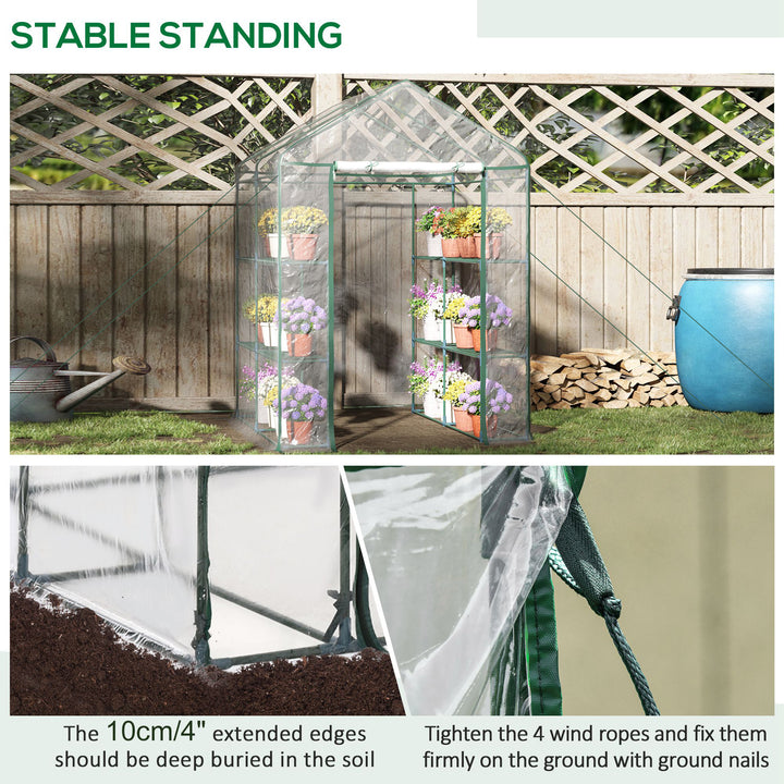 Walk in Greenhouse with 3-Tier 8 Shelves, Green House with Hemmed Cover, Roll-up Zipped Door, Steel Frame, 143 x 143 x 195cm