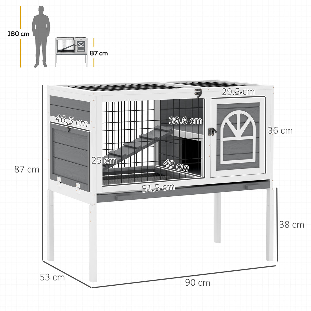 Wooden Rabbit Hutch, Guinea Pig Cage, with Removable Tray, Openable Roof, Grey