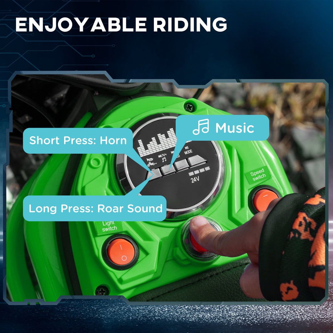 24V Electric Motorbike with Twist Grip Throttle, Music, Horn, 12" Pneumatic Tyres, 16km/h Max Speed - Green