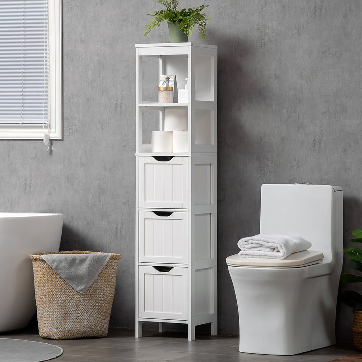Narrow Floor Cabinet, Bathroom Cabinet with 3 Drawers and 2 Open Shelv