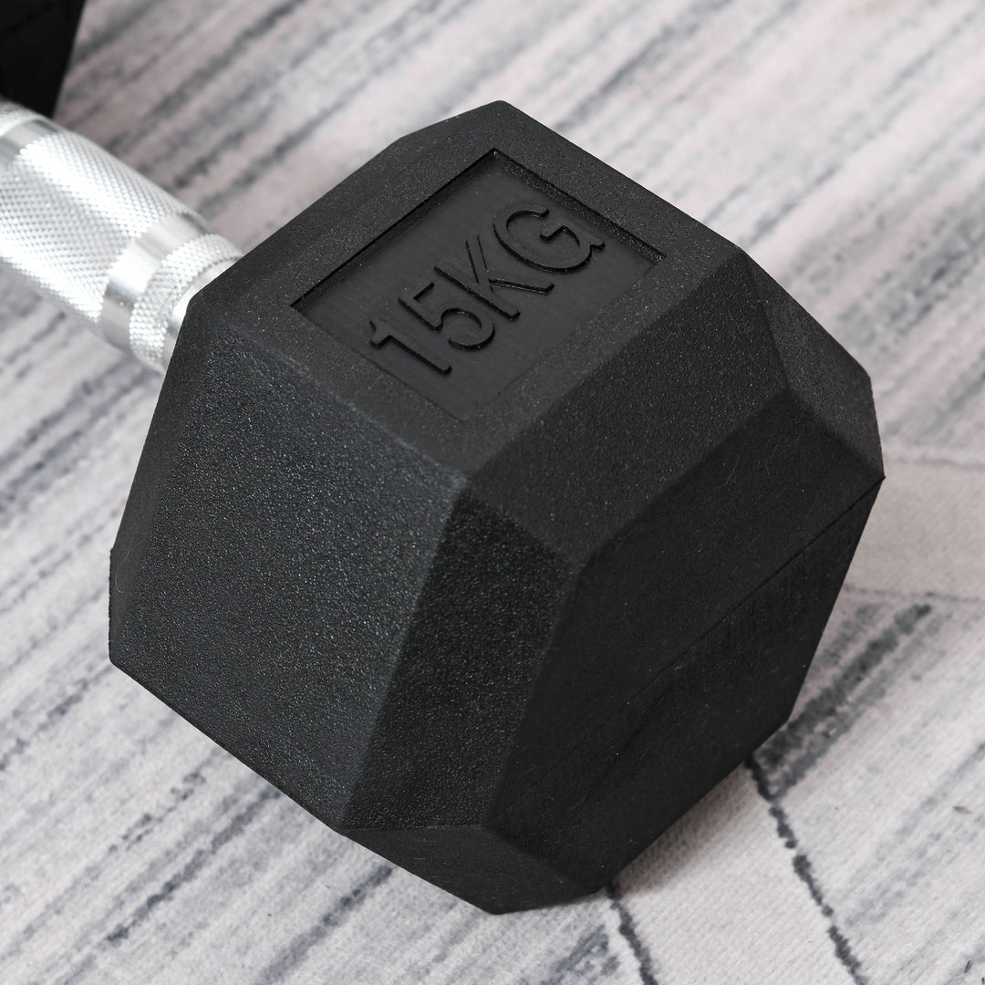 HOMCOM Fitness Fortifiers: 2x15kg Rubber Hex Dumbbells, Non-Slip Grip for Home Gym Workouts, Jet Black | Aosom UK