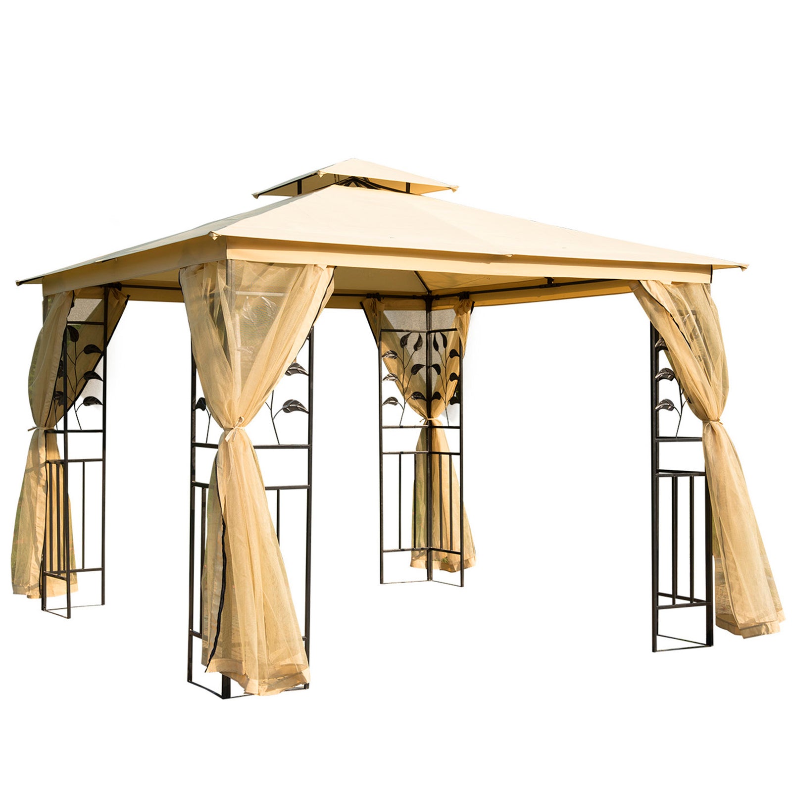 3(m) x 3(m) Garden Gazebo, Double Roof Outdoor Gazebo Canopy Shelter with Netting, Solid Steel Frame, for Garden, Lawn and Deck, Beige