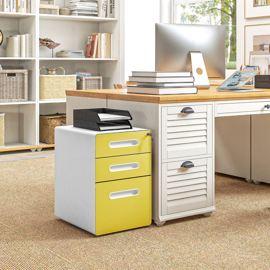 3 Drawer Filing Cabinet, Steel Lockable File Cabinet with Lock and Wheels, for A4, Letter, Legal Sized Files, Yellow