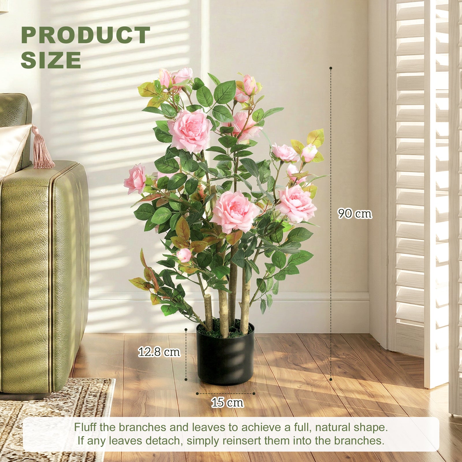 90cm Artificial Rose Tree, Decorative Fake Plant with 344 Silk Leaves 