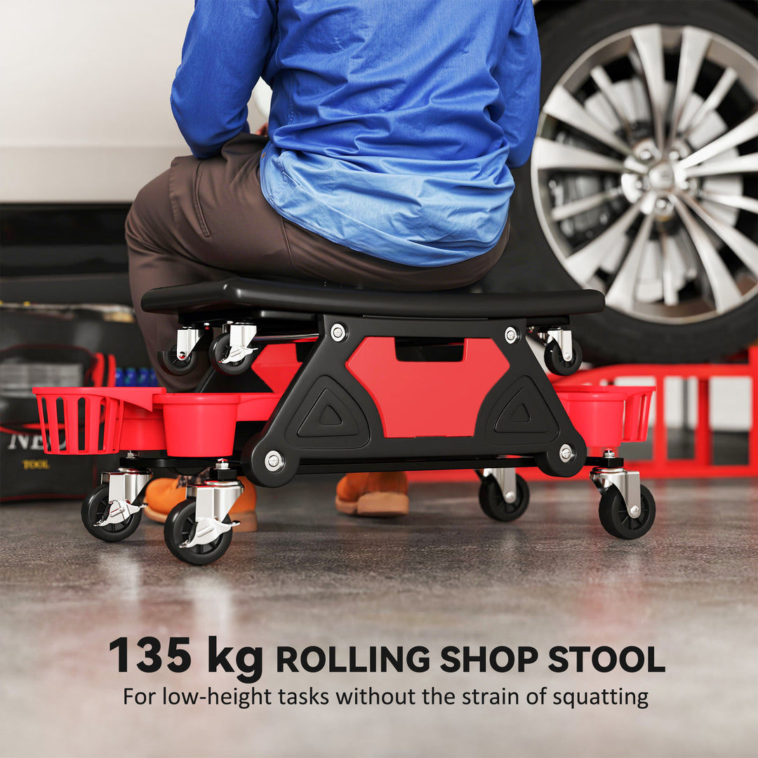 Rolling Mechanic Stool, 135kg Capacity Workshop Stool with 360° Swivel Wheels, Roller Creeper Seat with Slide Out Tool Trays, Drawer, Bottle Holders for Garage, Shop, Auto Repair, Red
